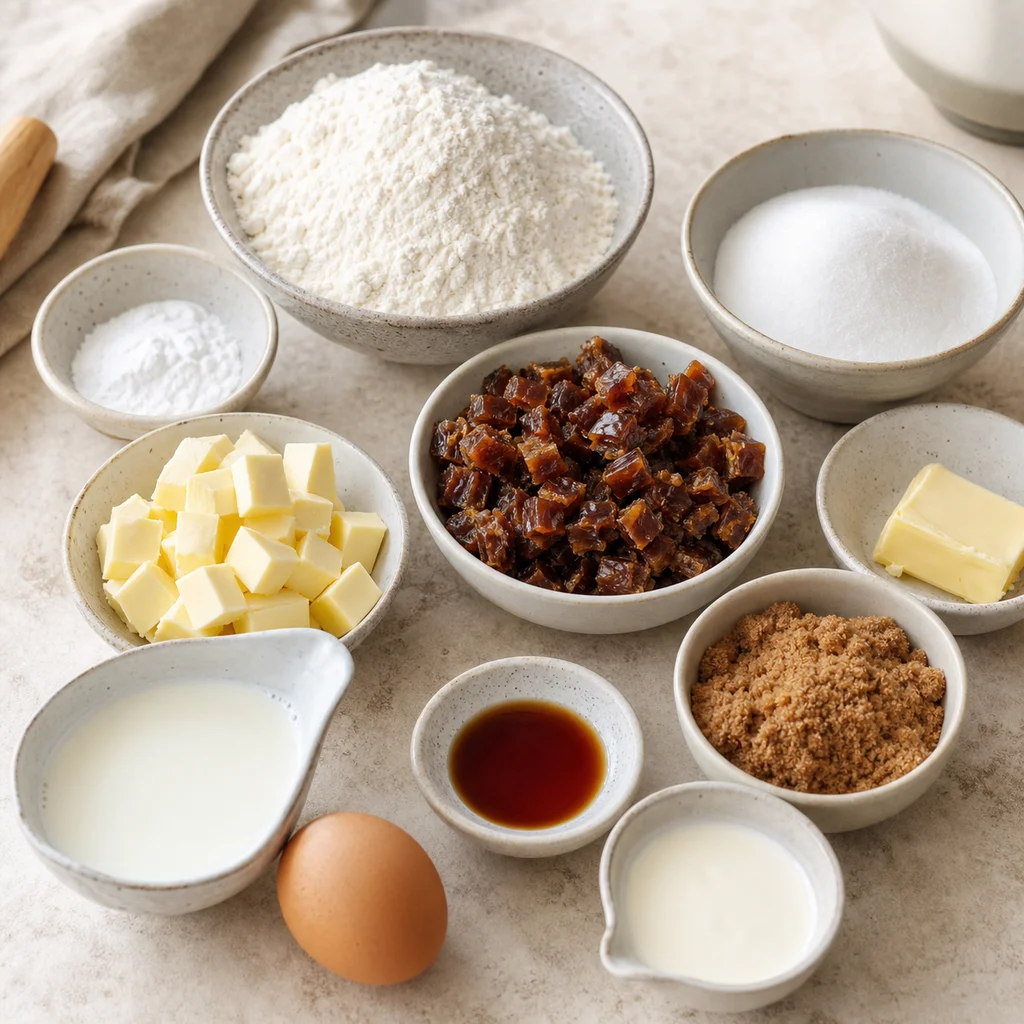 Measured ingredients for BeginnerBakes sticky toffee scones with dates and butterscotch glaze