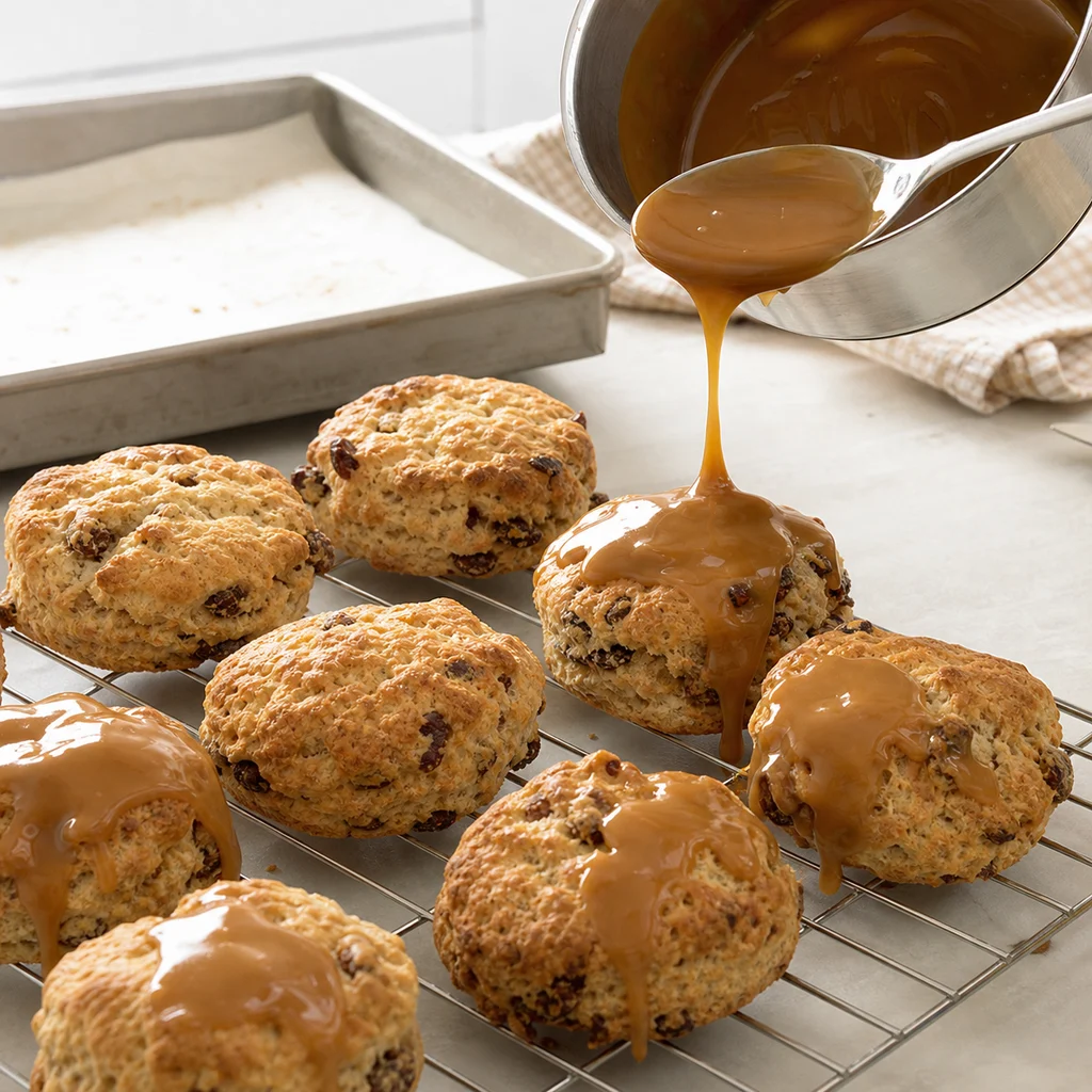 Warm sticky toffee scones being finished with butterscotch glaze for BeginnerBakes