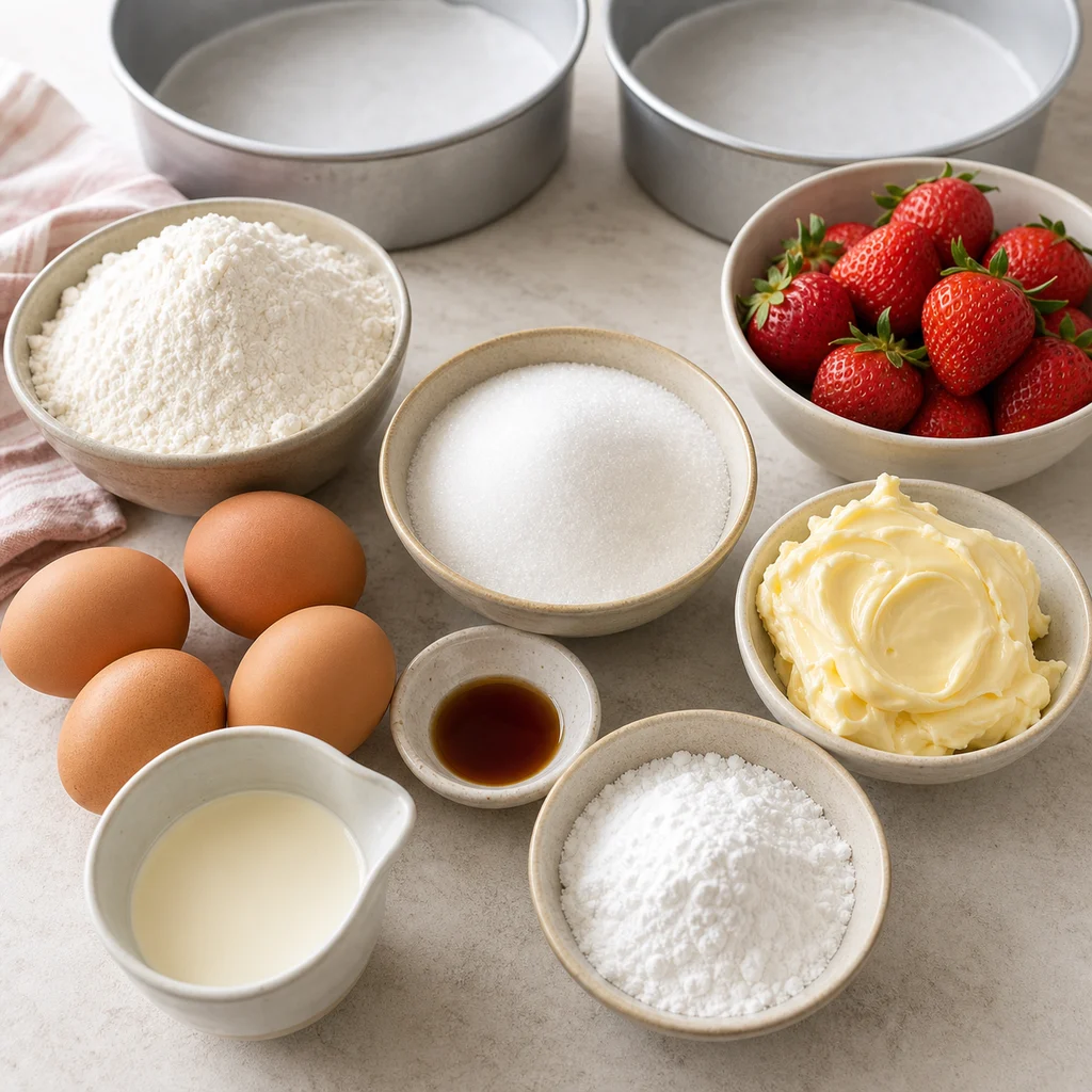 Measured ingredients for BeginnerBakes Victoria sponge cake with cream and strawberries