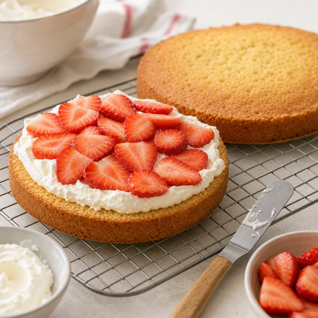 BeginnerBakes Victoria sponge cake layer being assembled with whipped cream and strawberries