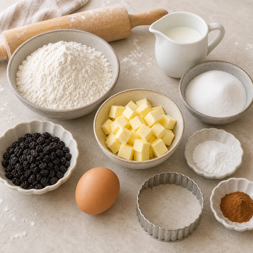 Measured ingredients for BeginnerBakes Welsh cakes with currants and cinnamon