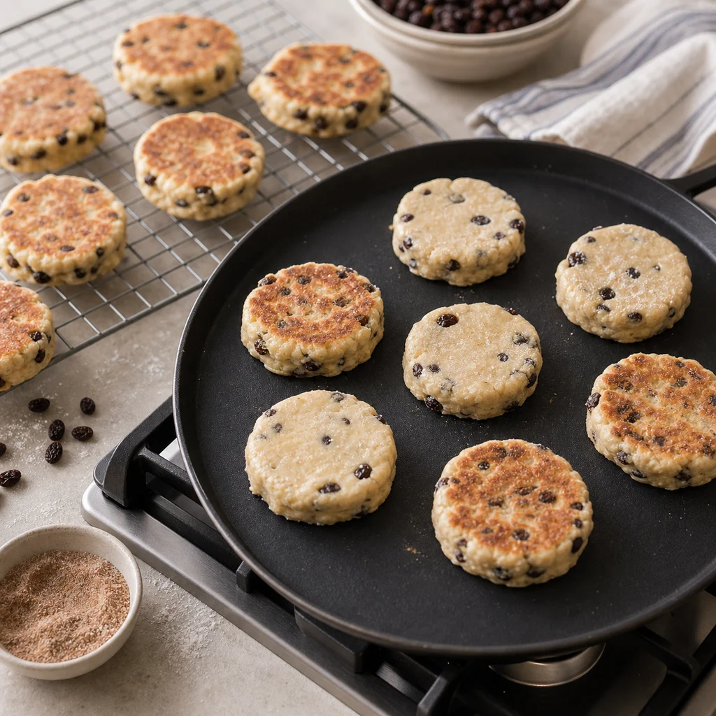 BeginnerBakes Welsh cakes cooking on a stovetop griddle until golden