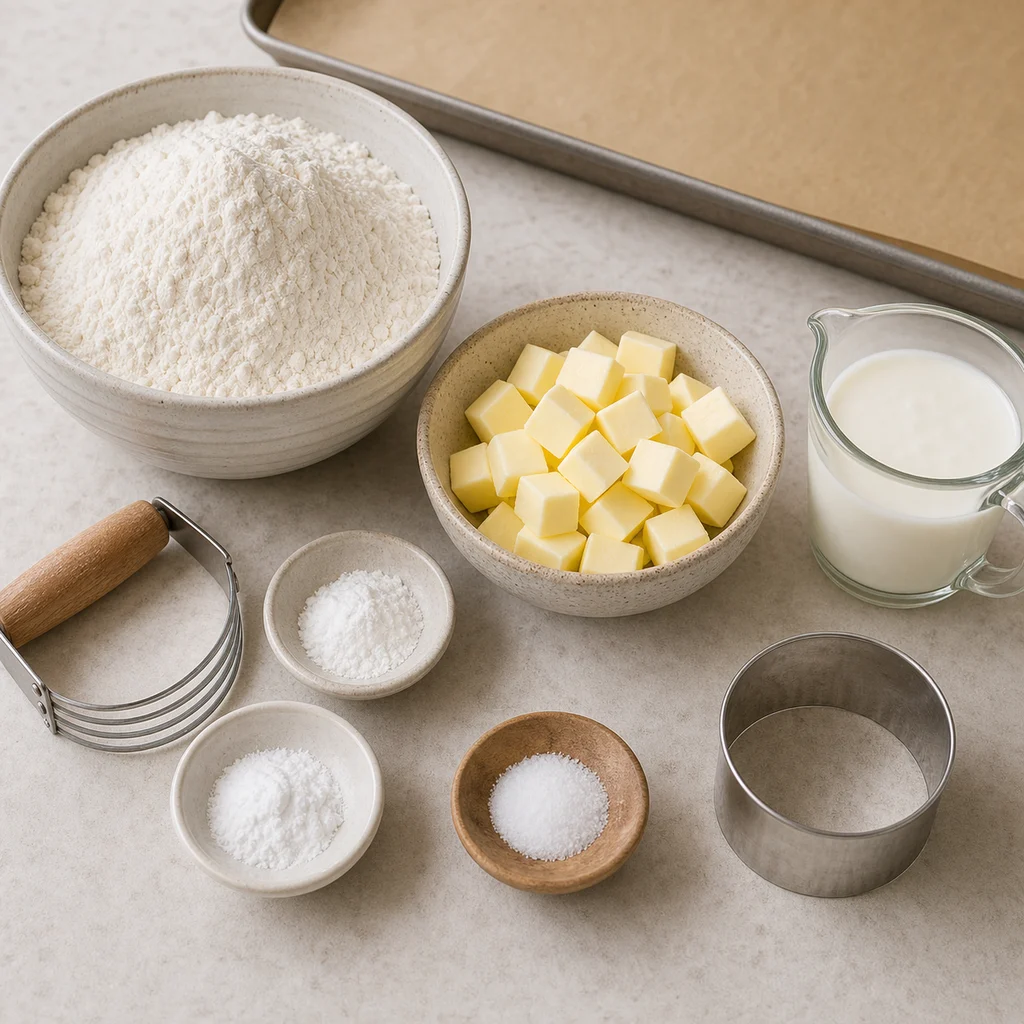Measured ingredients for BeginnerBakes classic buttermilk biscuits