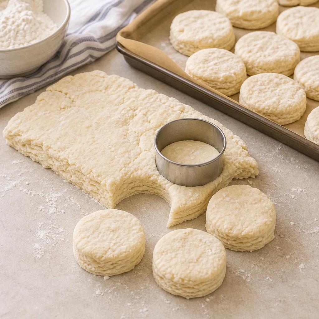BeginnerBakes buttermilk biscuit dough being cut into rounds before baking