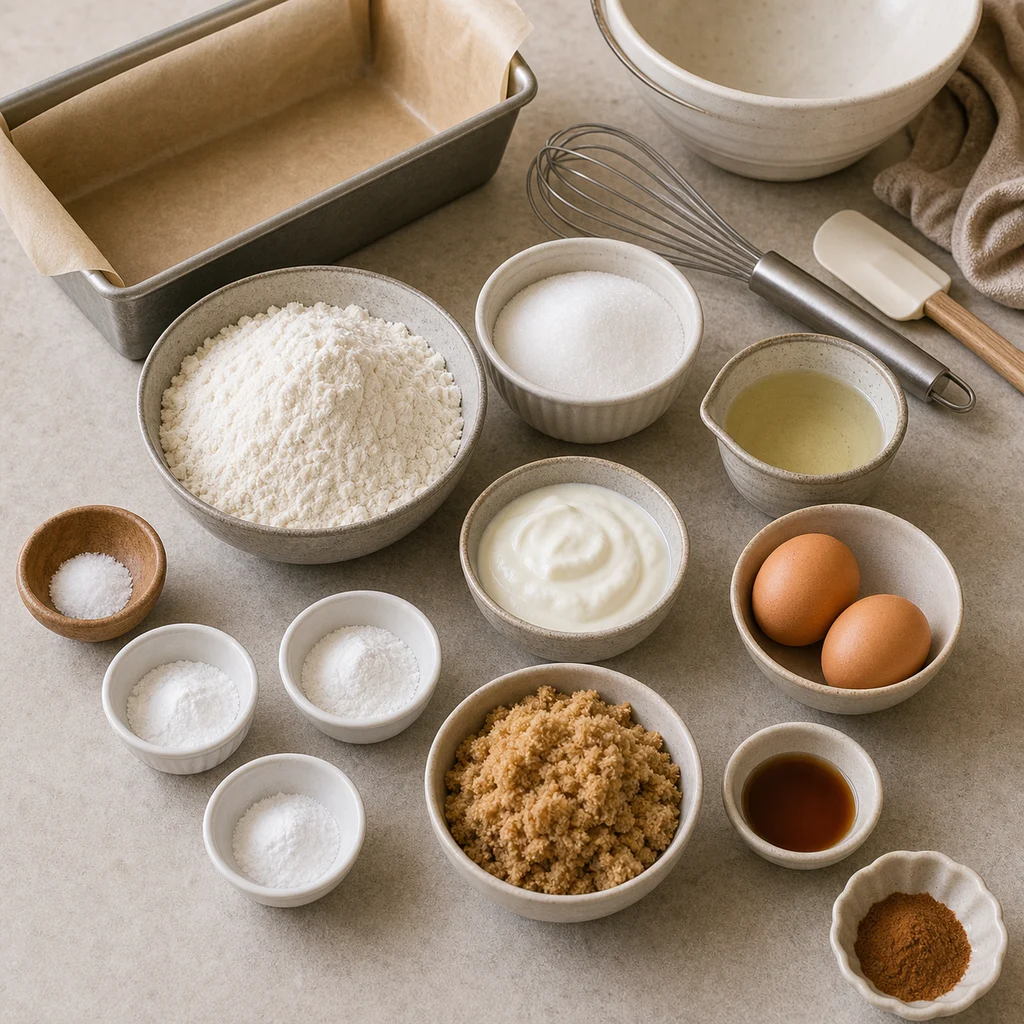 Measured ingredients for BeginnerBakes cinnamon swirl quick bread
