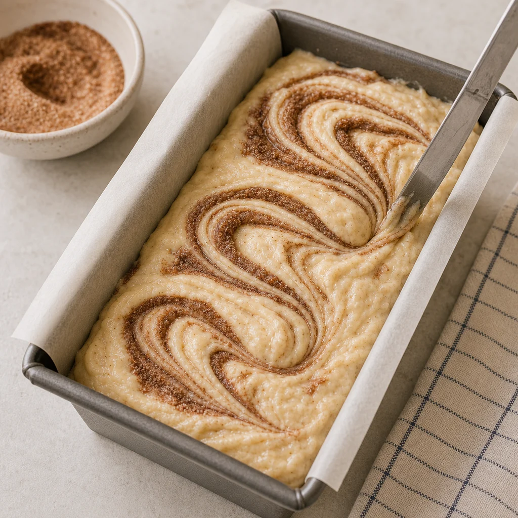 BeginnerBakes cinnamon swirl quick bread batter being swirled in a loaf pan