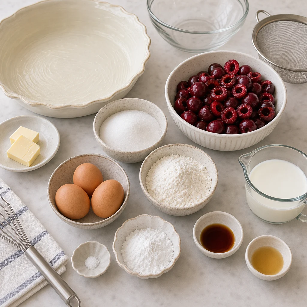 Measured ingredients for BeginnerBakes cherry almond clafoutis