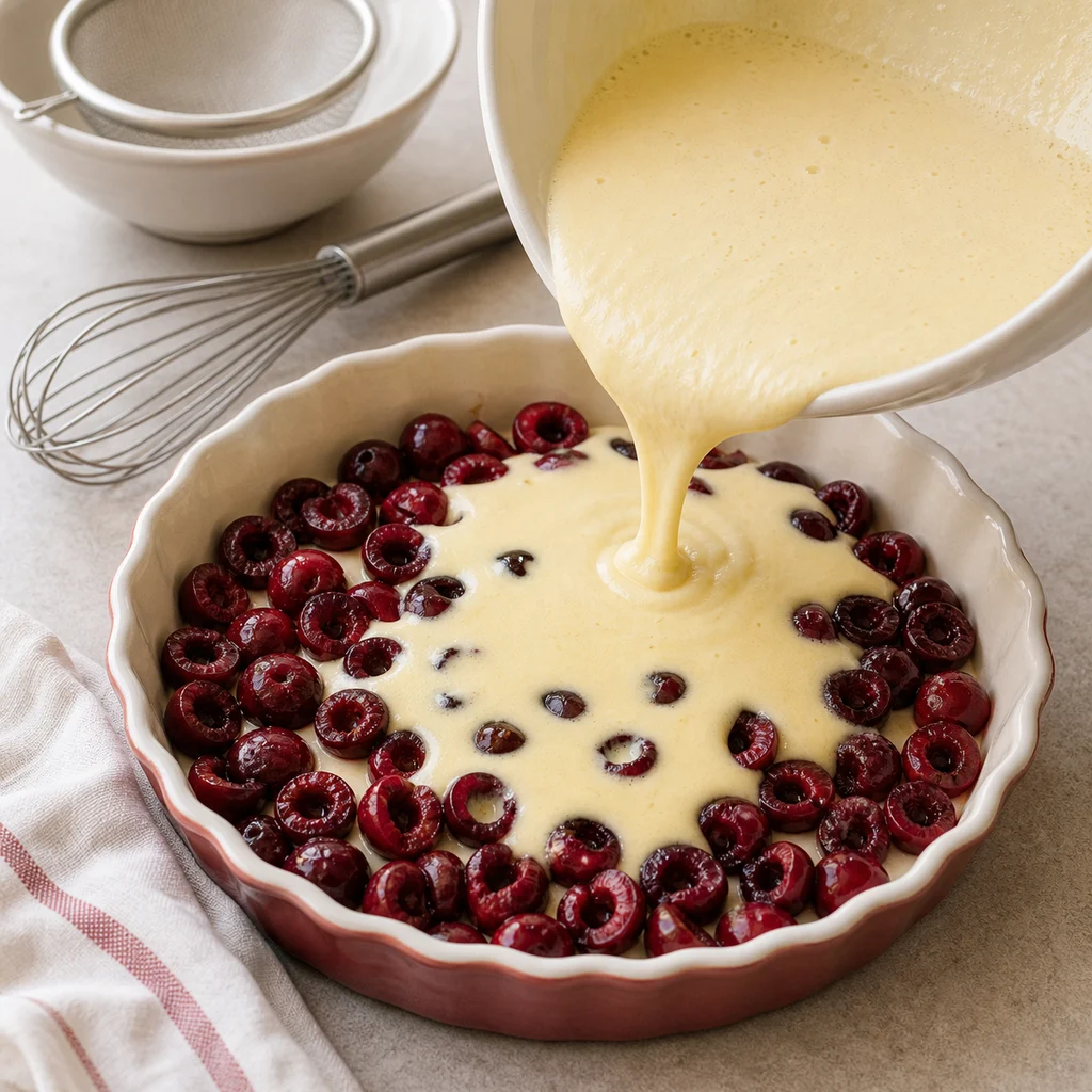 BeginnerBakes clafoutis custard batter being poured over cherries