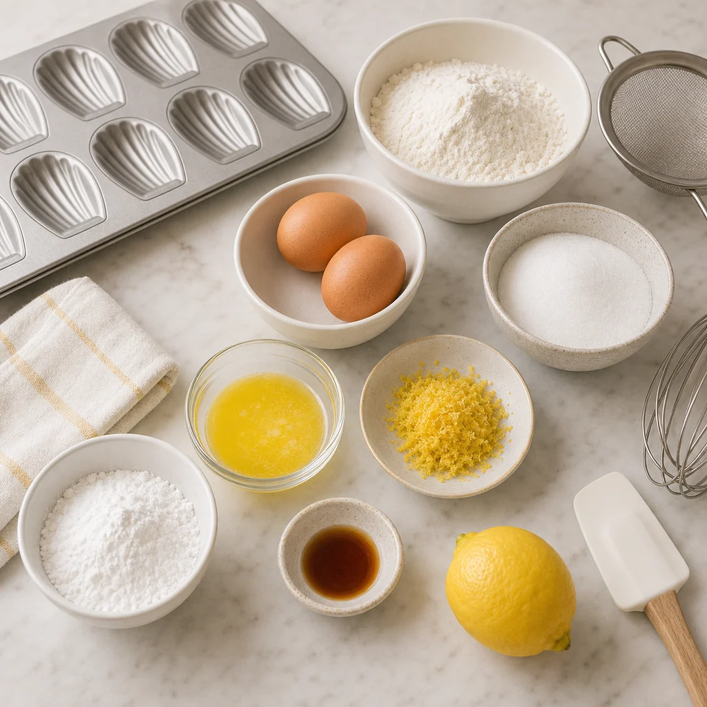 Measured ingredients for BeginnerBakes lemon zest madeleines