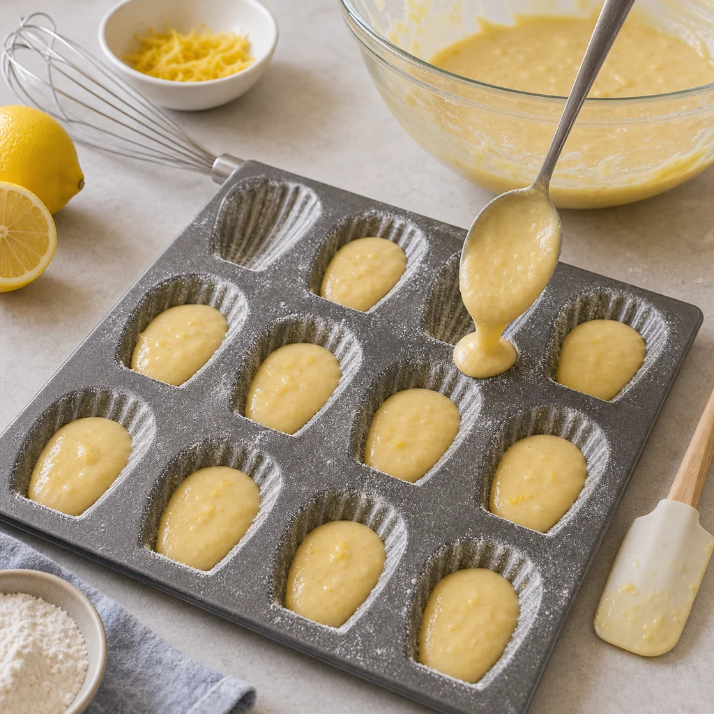BeginnerBakes madeleine batter being spooned into shell molds before baking