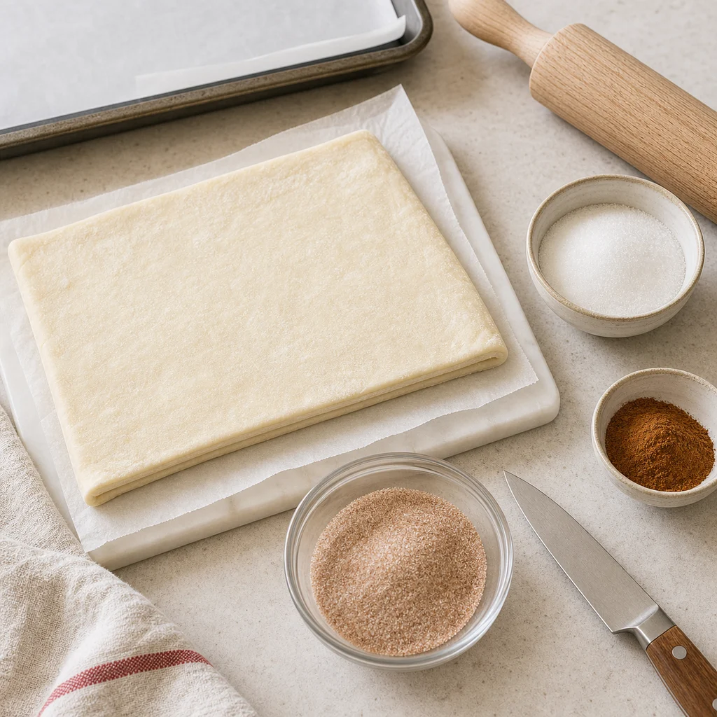 Measured ingredients for BeginnerBakes cinnamon sugar palmiers