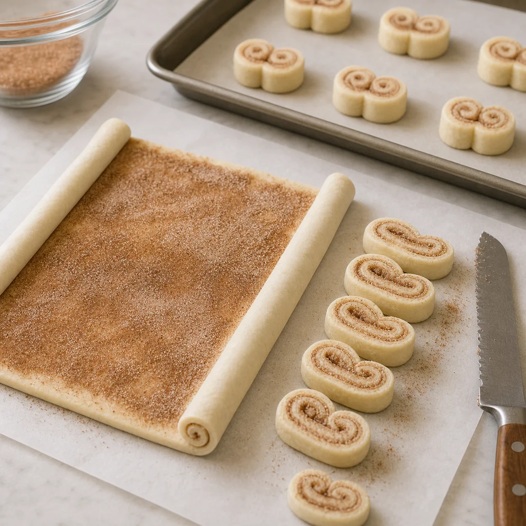 BeginnerBakes puff pastry rolled and sliced for cinnamon sugar palmiers