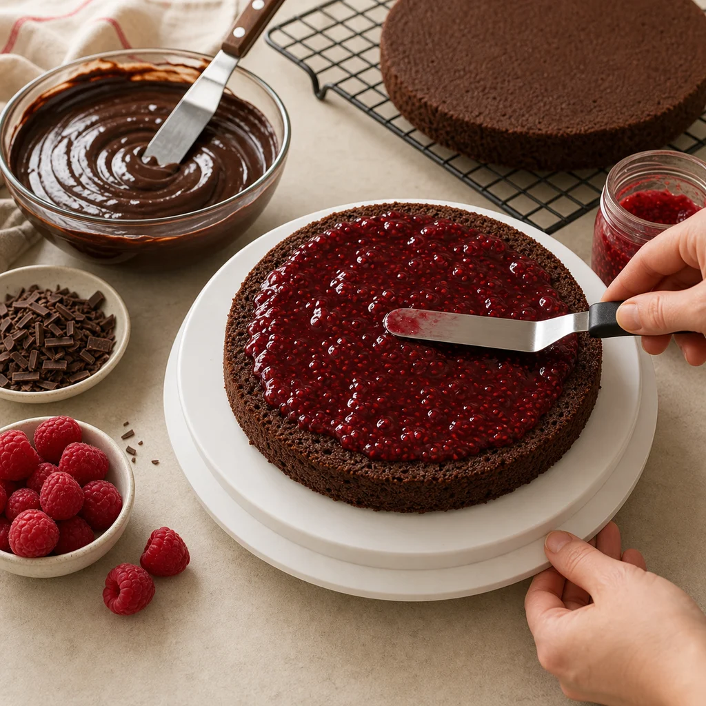 BeginnerBakes raspberry preserves spread on chocolate cake layer