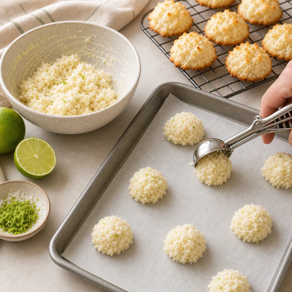 BeginnerBakes coconut lime macaroons scooped onto parchment
