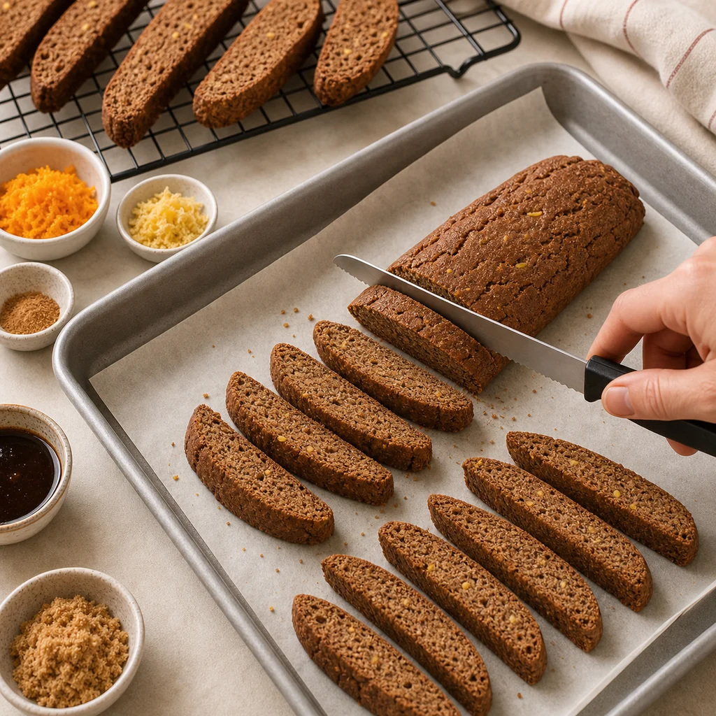 BeginnerBakes gingerbread biscotti log sliced for second bake