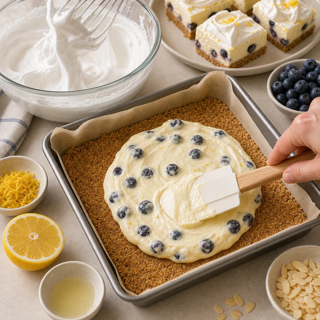 BeginnerBakes lemon blueberry cheesecake filling spread over almond crust
