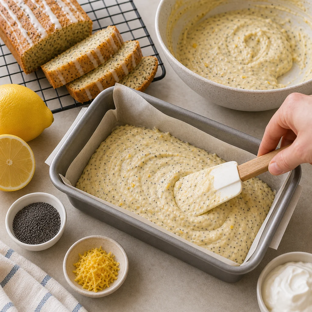 BeginnerBakes lemon poppy seed loaf batter spread in pan