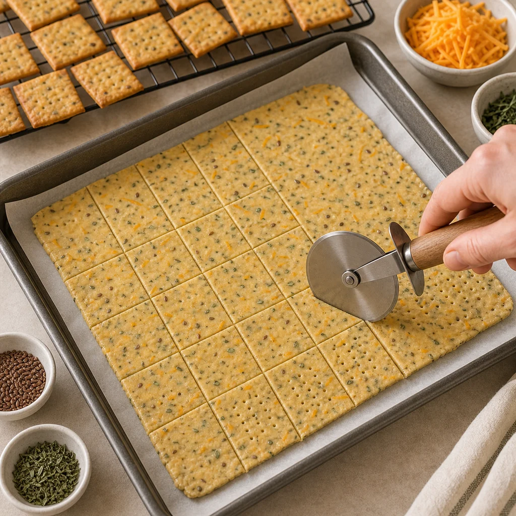 BeginnerBakes cheddar herb cracker dough cut into squares