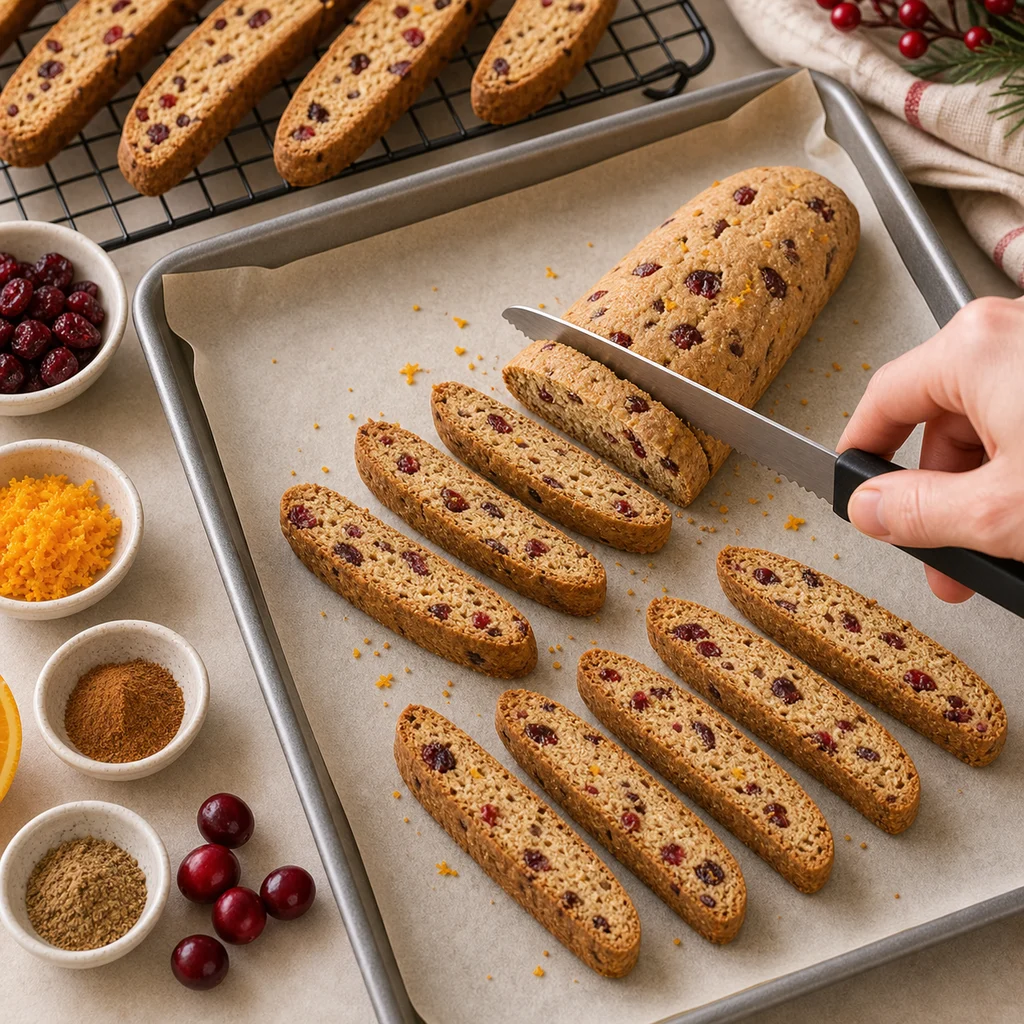 BeginnerBakes cranberry orange biscotti log sliced for second bake