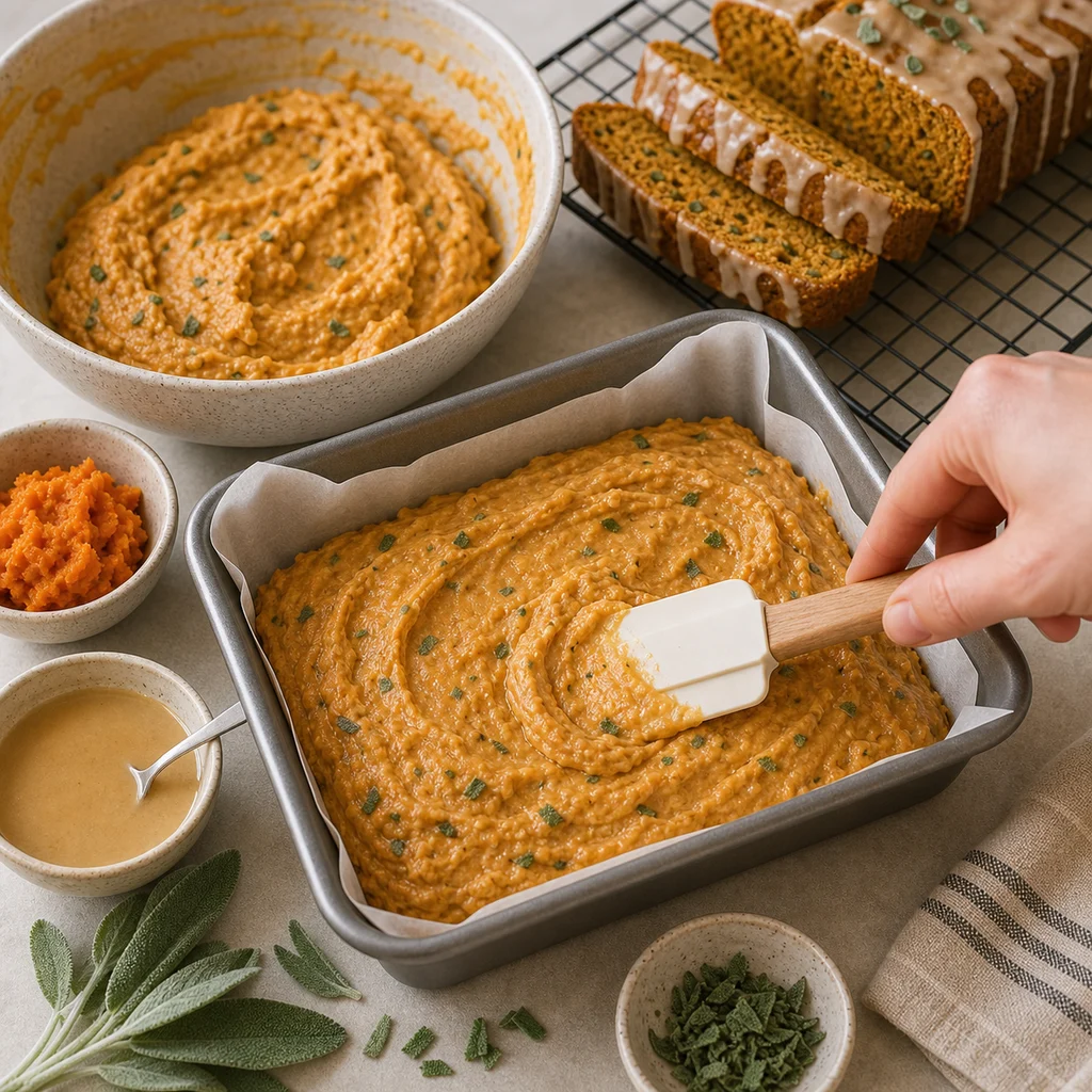 BeginnerBakes sweet potato sage quick bread batter spread in pan