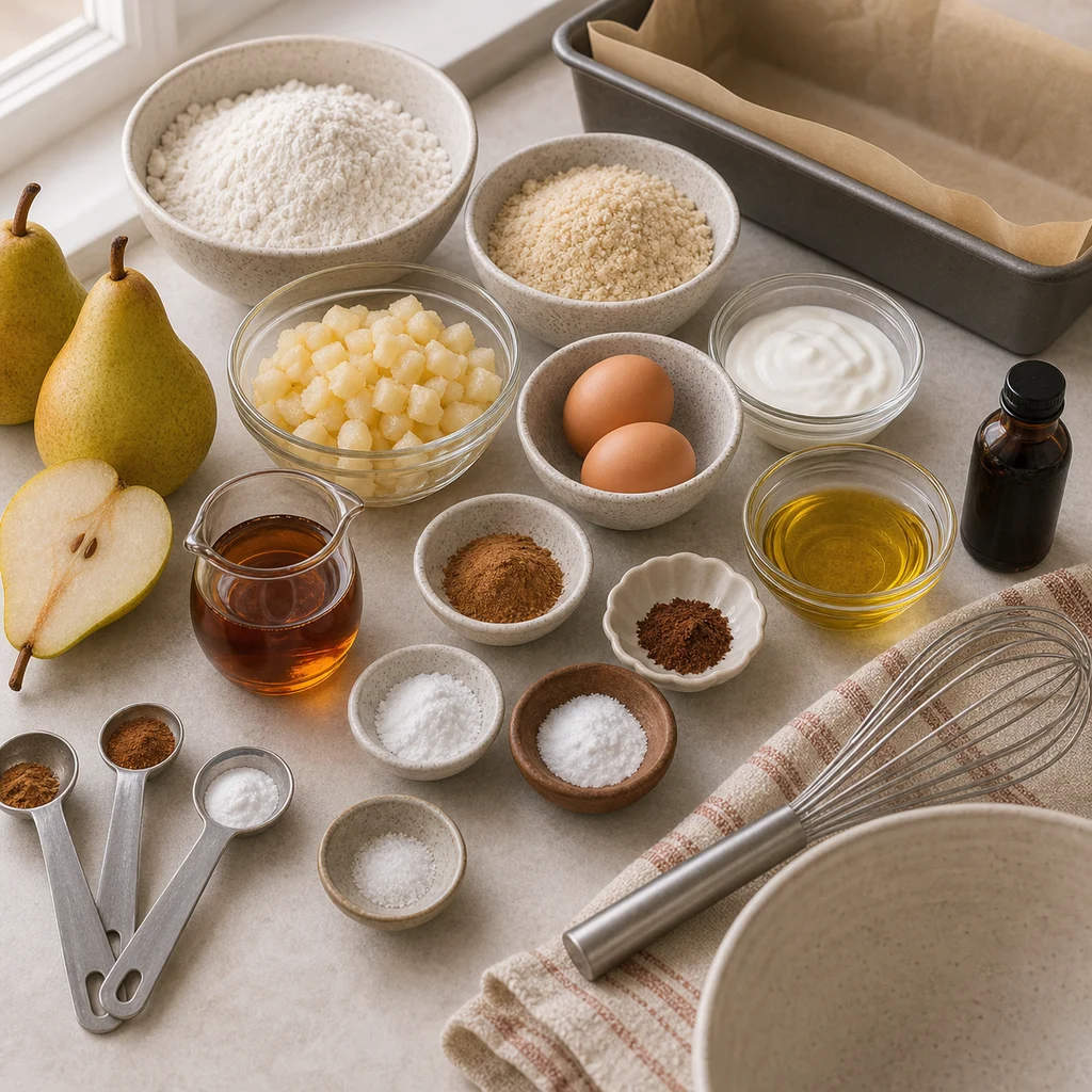 BeginnerBakes winter spice pear almond loaf ingredients