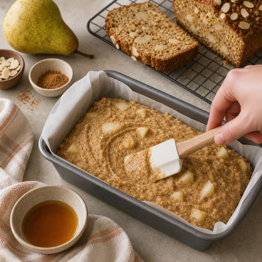 BeginnerBakes winter spice pear almond loaf batter spread in pan