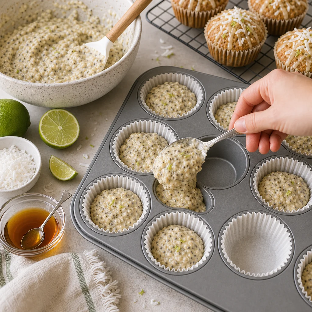 BeginnerBakes coconut lime chia muffin batter in liners