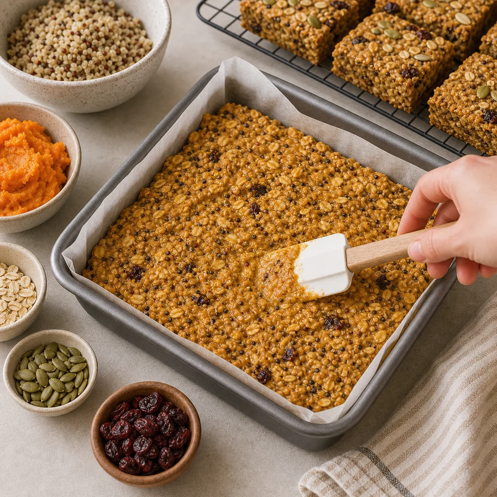 BeginnerBakes sweet potato quinoa bar mixture spread in pan