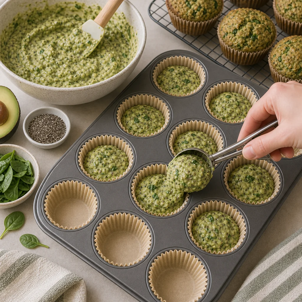 BeginnerBakes avocado spinach chia muffin batter in liners