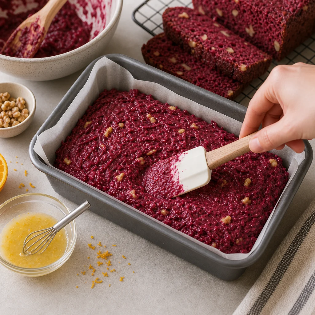 BeginnerBakes beetroot walnut loaf batter spread in pan