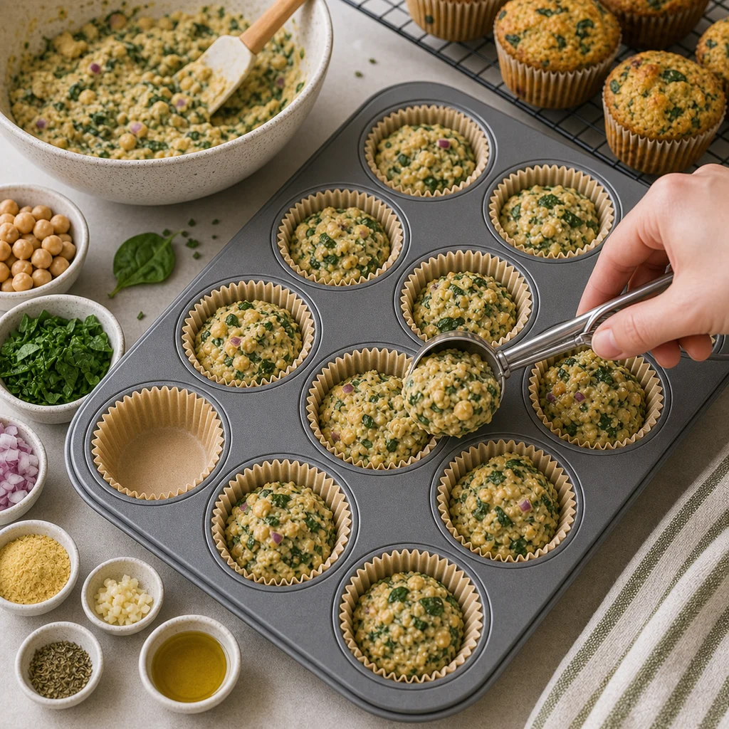 BeginnerBakes chickpea spinach savory muffin batter in liners