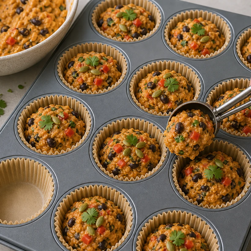 BeginnerBakes sweet potato black bean savory muffin batter in liners