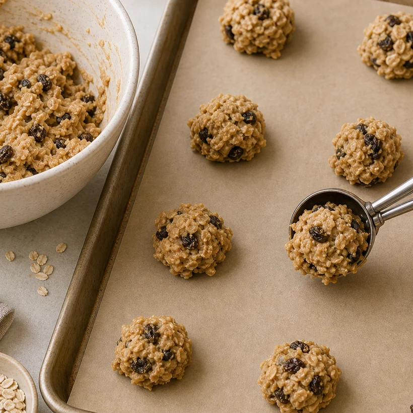 BeginnerBakes honey oatmeal raisin cookie dough on parchment