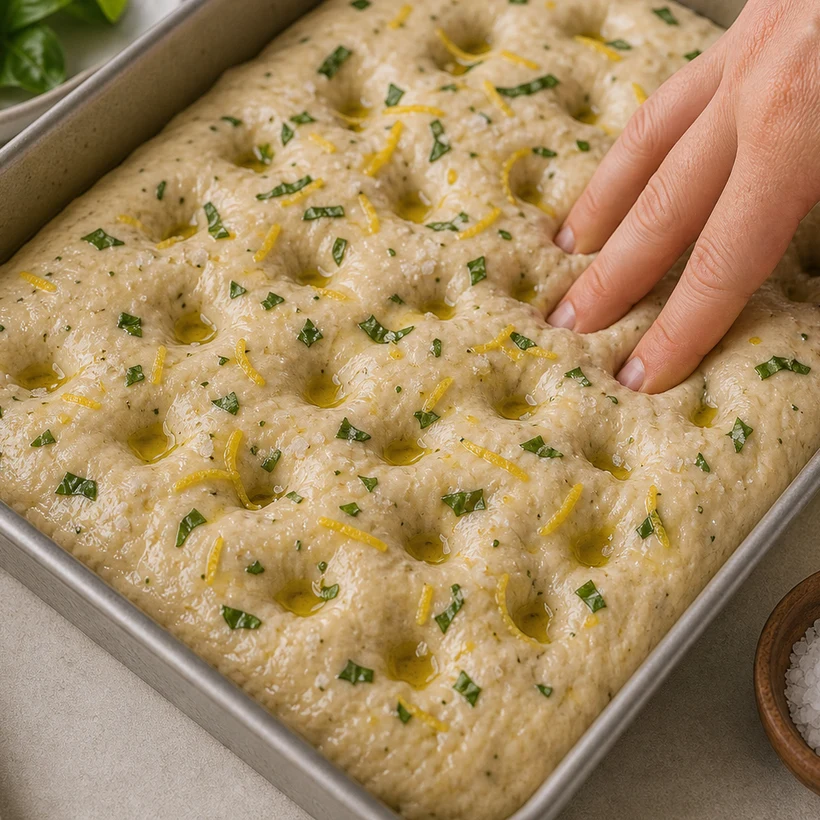 BeginnerBakes lemon basil focaccia dough being dimpled