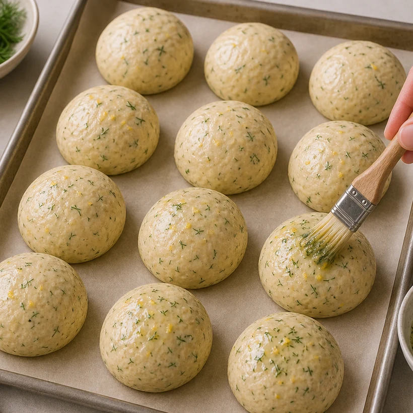 BeginnerBakes lemon dill dinner rolls being brushed