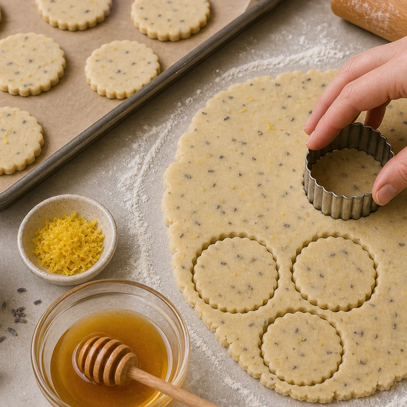 BeginnerBakes lemon lavender shortbread dough being cut