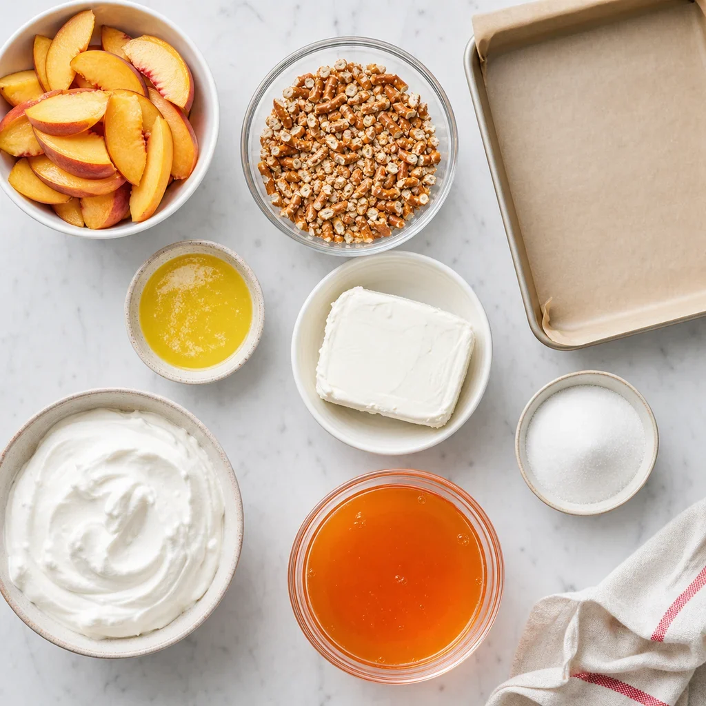 Ingredients for Peach Pretzel Jello Pie Bars
