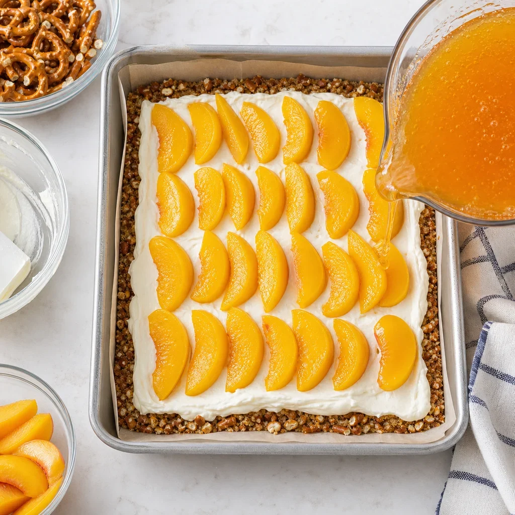 Peach Pretzel Jello Pie Bars process image
