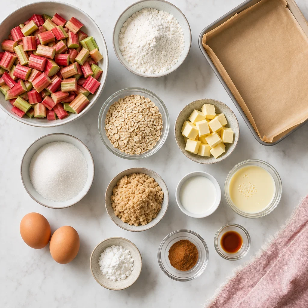 Ingredients for Rhubarb Custard Crumble Bars