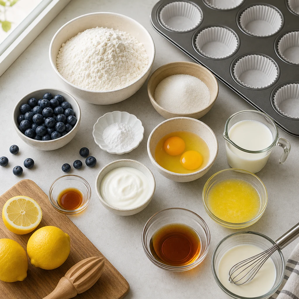 BeginnerBakes lemon blueberry muffin ingredients with maple glaze prep