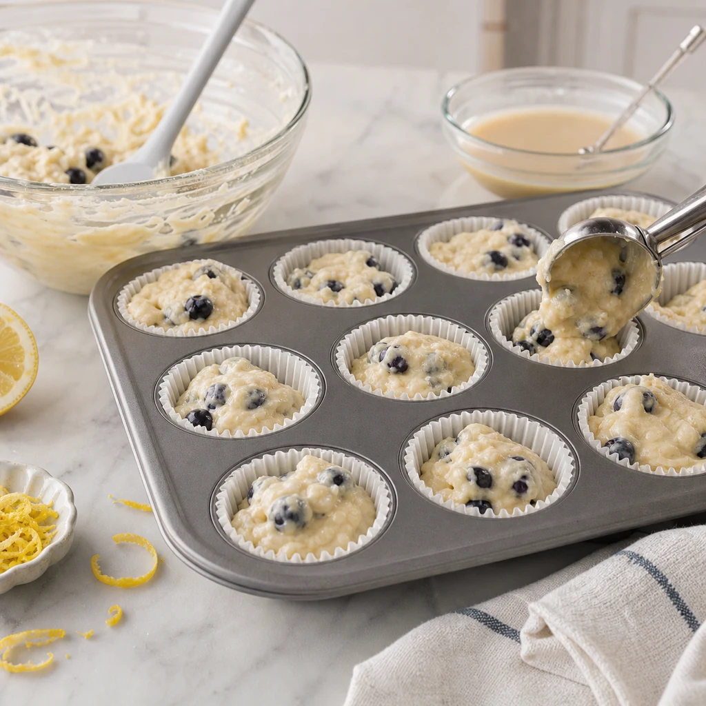 BeginnerBakes lemon blueberry muffin batter being portioned into liners